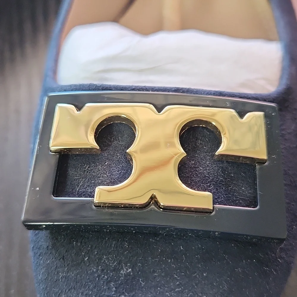 Tory Burch Navy Blue Suede Flats with Gold Logo - Picture 5 of 12